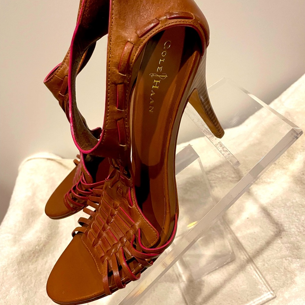 Cole Haan  Brown with Pink Trim Leather Sandal Heels Women’s Size 11